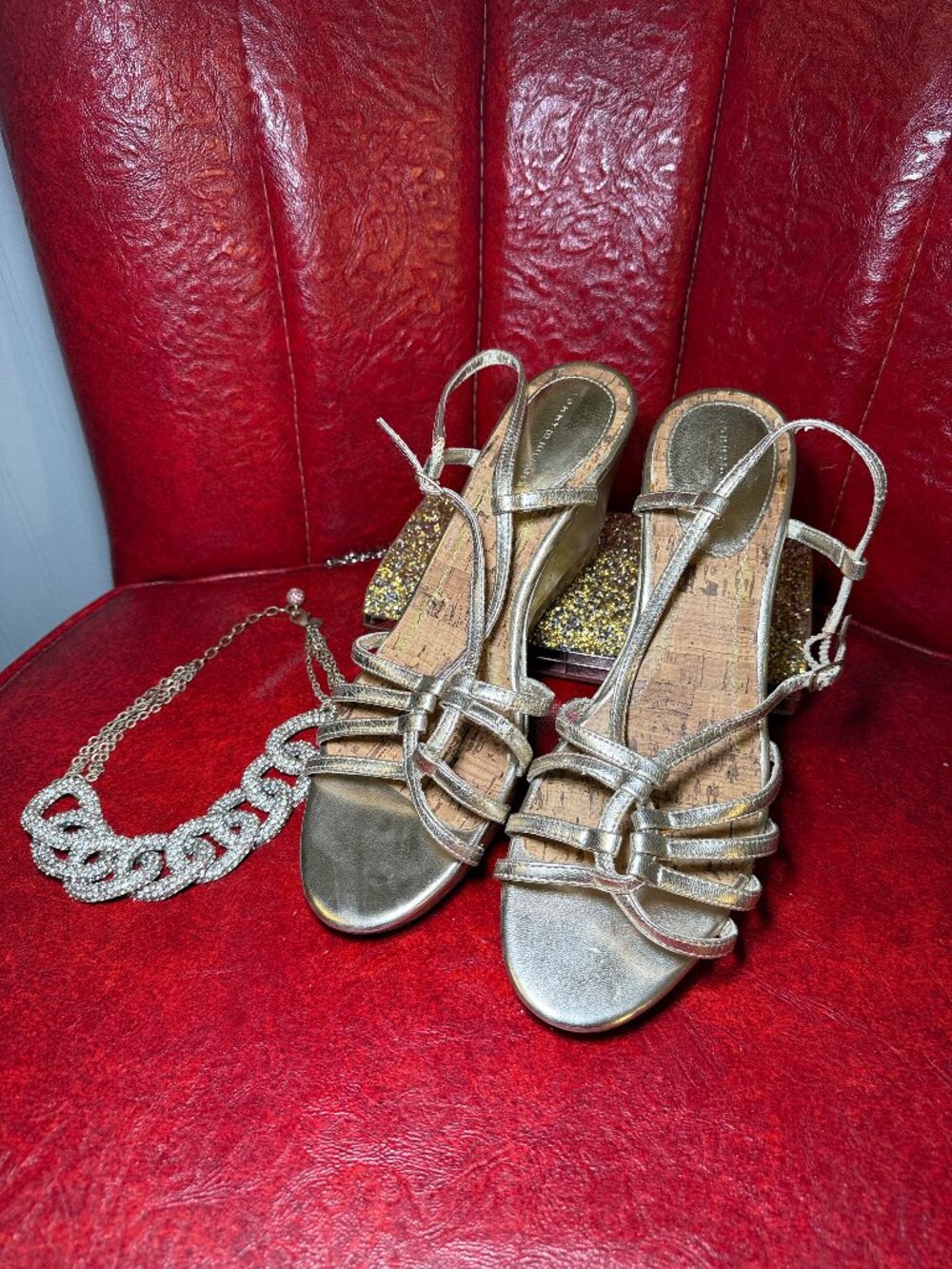 Vintage Tommy Hilfiger Gold Strappy Cork Wedge Sandals 9.5 Y2K Disco 70s